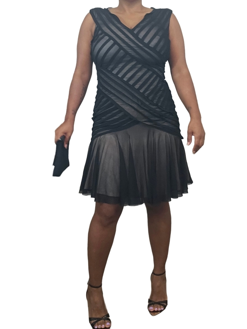 London Times Black Sleeveless Striped Mesh Flare Cocktail Dress Size M